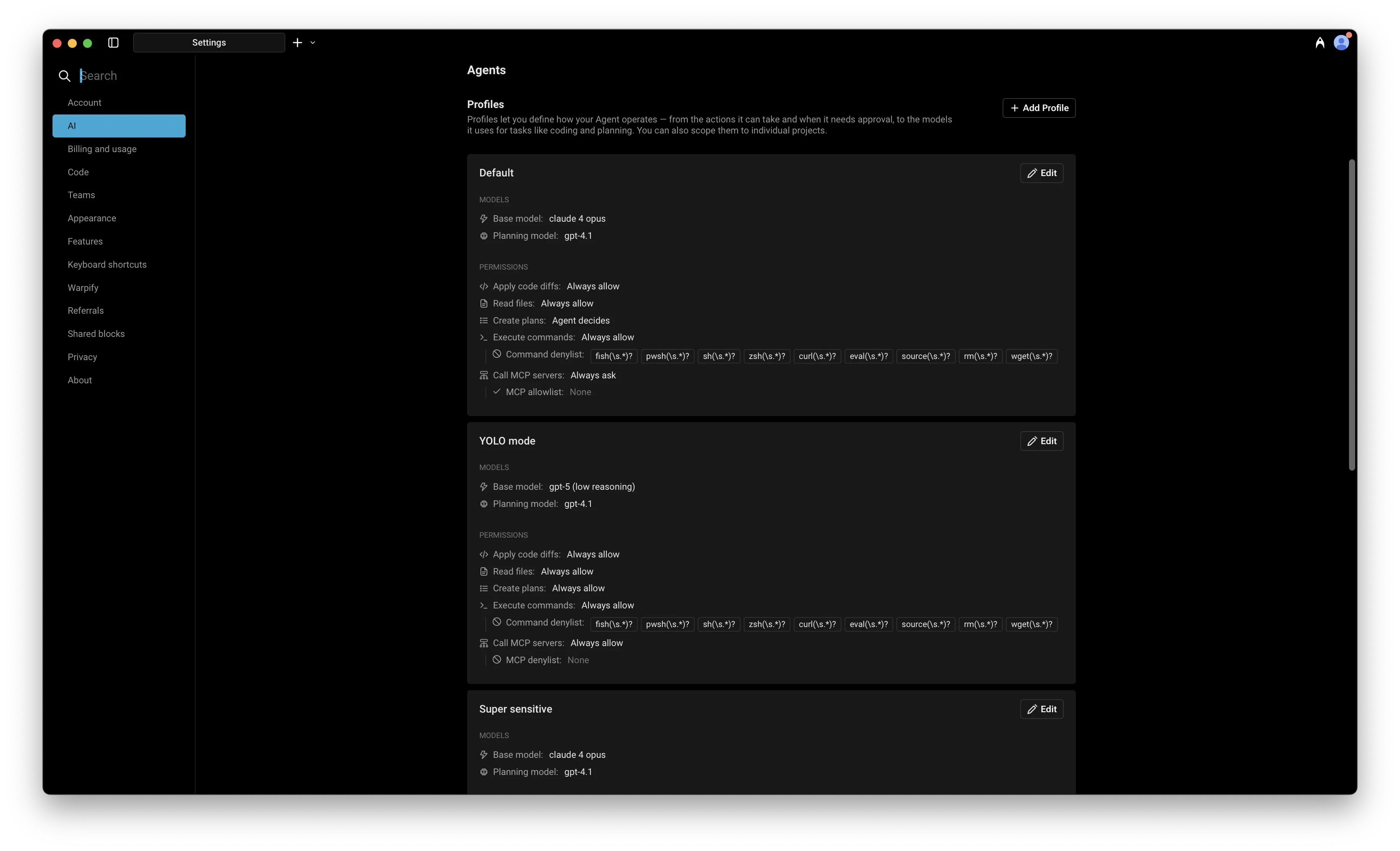 Agent Profiles in Settings: define how your Agent operates.